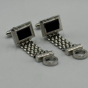 Vintage Dante Cufflinks Silver Tone Black Enamel Square Mesh Wraparound